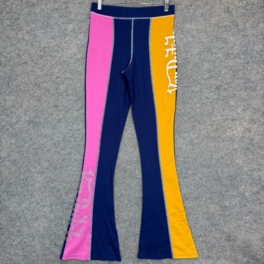 Von Dutch Flared‎ Legging Pants Womens Large Striped Beaded Colorful Blue Pink